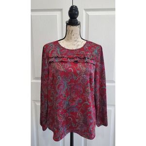 TALBOTS Red Paisley Print Ruffle Neckline Long Sleeve Flowy Top Blouse Size 8